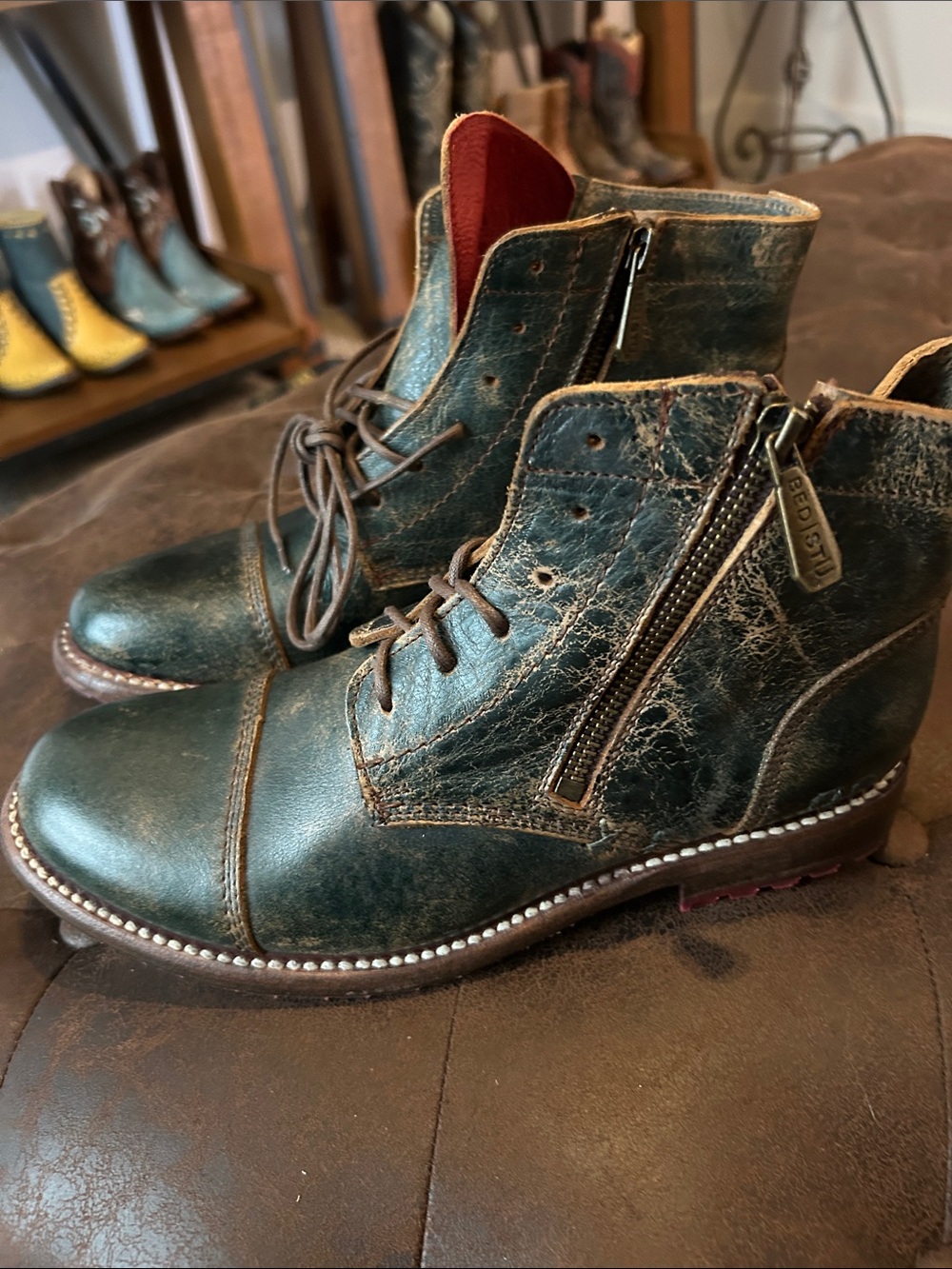 Green Distressed Leather Ankle Boots for women